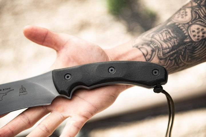 TOPS Knives Longhorn Bowie Black Linen Micarta Black River Wash 1095HC - Knives.mx