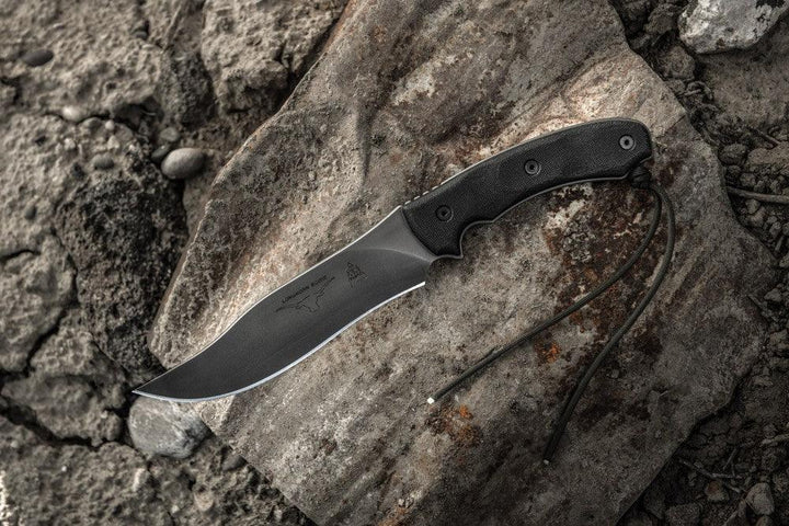 TOPS Knives Longhorn Bowie Black Linen Micarta Black River Wash 1095HC - Knives.mx