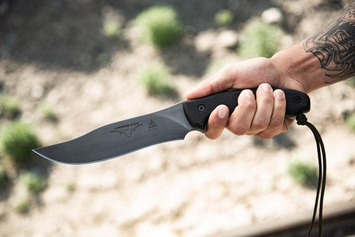 TOPS Knives Longhorn Bowie Black Linen Micarta Black River Wash 1095HC - Knives.mx