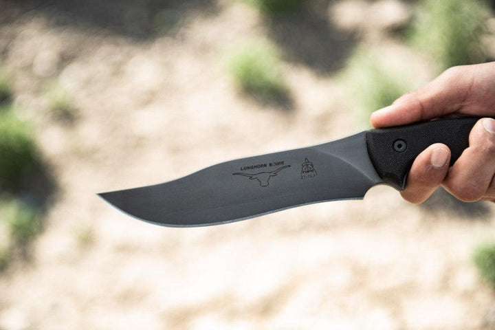 TOPS Knives Longhorn Bowie Black Linen Micarta Black River Wash 1095HC - Knives.mx