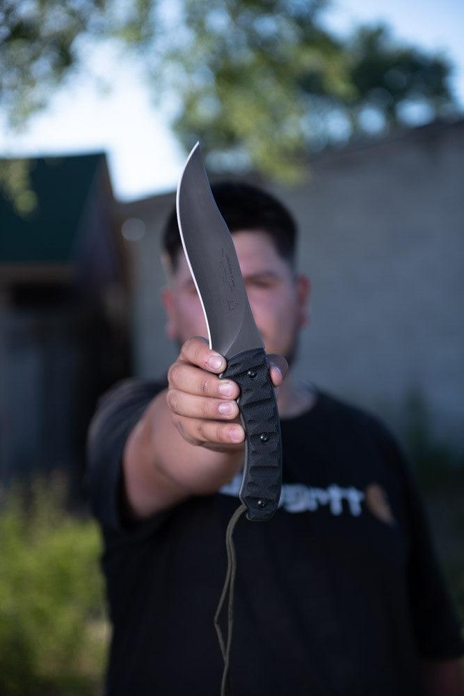 TOPS Knives Longhorn Bowie Black Linen Micarta Rocky Mountain Tread River Wash 1095HC - Knives.mx