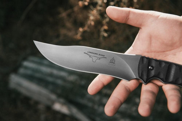 TOPS Knives Longhorn Bowie Black Linen Micarta Rocky Mountain Tread River Wash 1095HC - Knives.mx