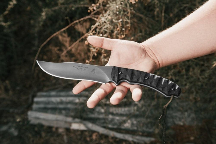 TOPS Knives Longhorn Bowie Black Linen Micarta Rocky Mountain Tread River Wash 1095HC - Knives.mx