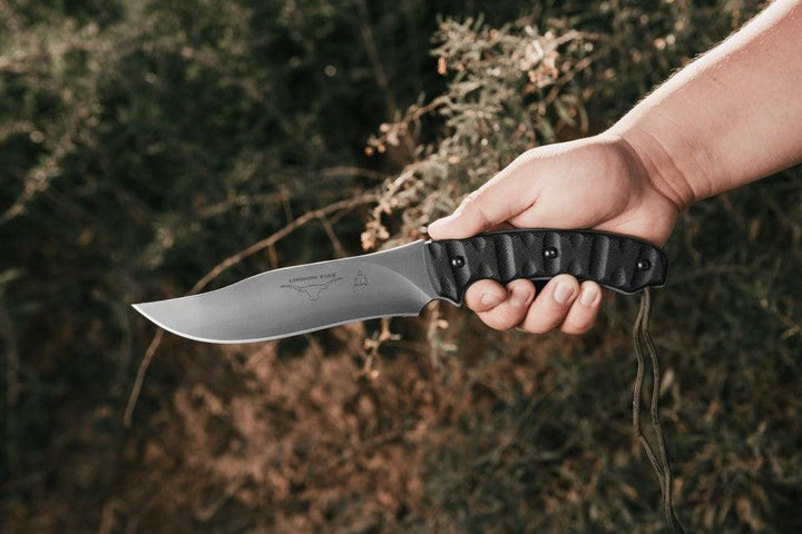 TOPS Knives Longhorn Bowie Black Linen Micarta Rocky Mountain Tread River Wash 1095HC - Knives.mx