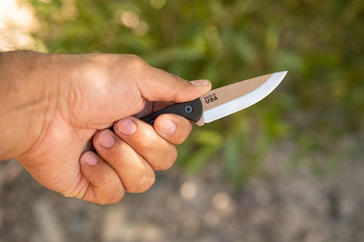 TOPS Knives Mini Scandi Knife Black Canvas Micarta Tan 1095HC - Knives.mx