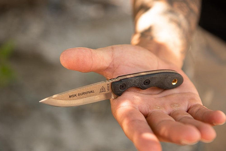 TOPS Knives Mini Scandi Knife Black Canvas Micarta Tan 1095HC - Knives.mx