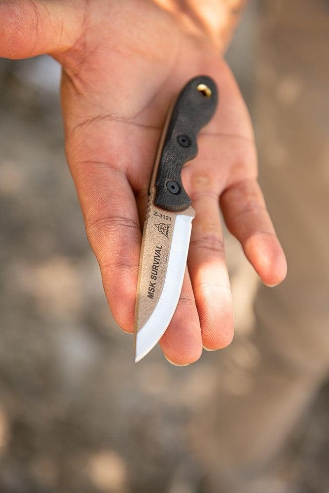 TOPS Knives Mini Scandi Knife Black Canvas Micarta Tan 1095HC - Knives.mx