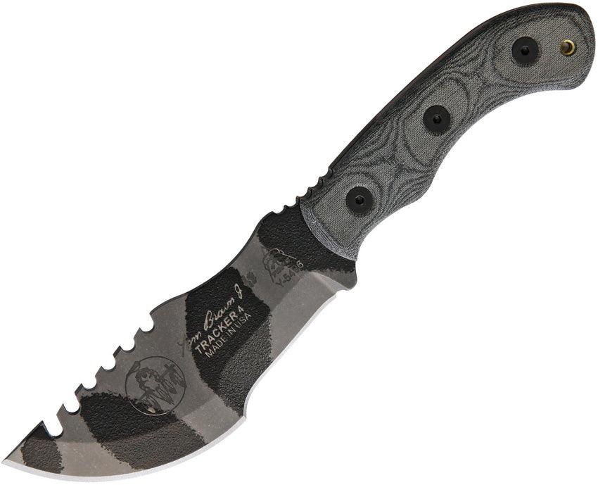 TOPS Knives Mini Tom Brown Tracker Black Canvas Micarta Camo Sawback 1095HC - Knives.mx