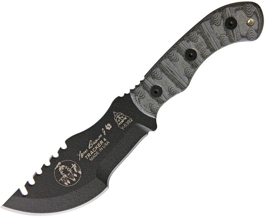 TOPS Knives Mini Tom Brown Tracker Rocky Mountain Black Powder Coated Sawback 1095HC - Knives.mx
