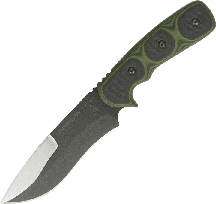 TOPS Knives Mountain Lion Green/Black G10 Black Traction Coating 1095HC - Knives.mx