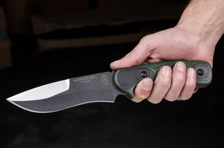 TOPS Knives Mountain Lion Green/Black G10 Black Traction Coating 1095HC - Knives.mx