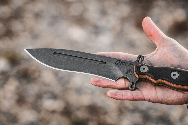 TOPS Knives Operator 7 Tan Canvas Micarta/Black G10 Acid Rain 1075HC - Knives.mx