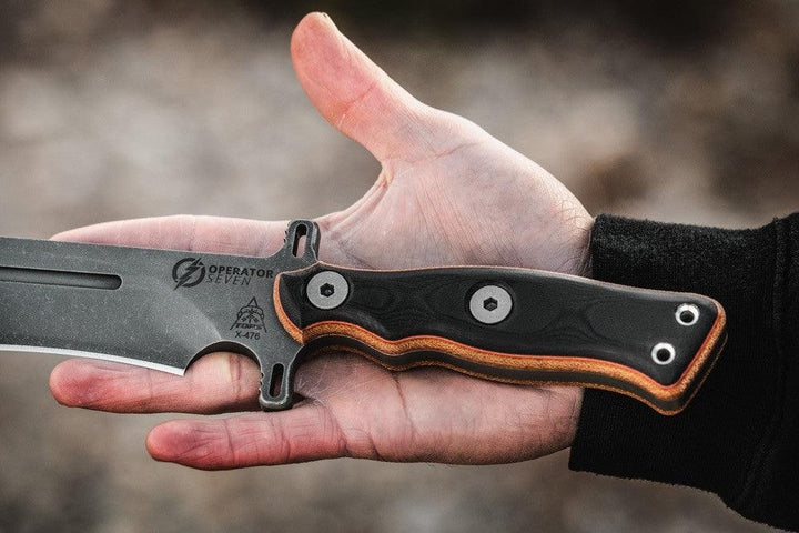 TOPS Knives Operator 7 Tan Canvas Micarta/Black G10 Acid Rain 1075HC - Knives.mx