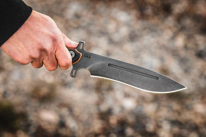 TOPS Knives Operator 7 Tan Canvas Micarta/Black G10 Acid Rain 1075HC - Knives.mx