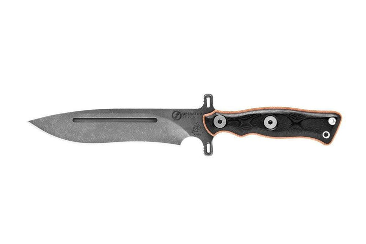 TOPS Knives Operator 7 Tan Canvas Micarta/Black G10 Acid Rain 1075HC - Knives.mx