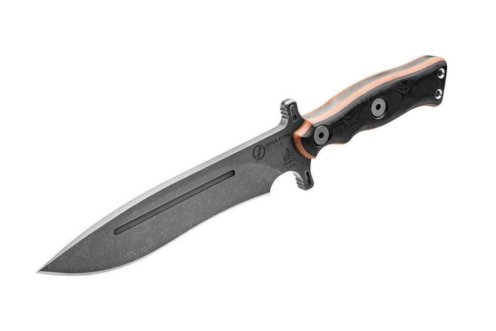TOPS Knives Operator 7 Tan Canvas Micarta/Black G10 Acid Rain 1075HC - Knives.mx