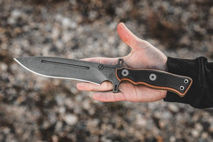 TOPS Knives Operator 7 Tan Canvas Micarta/Black G10 Acid Rain 1075HC - Knives.mx