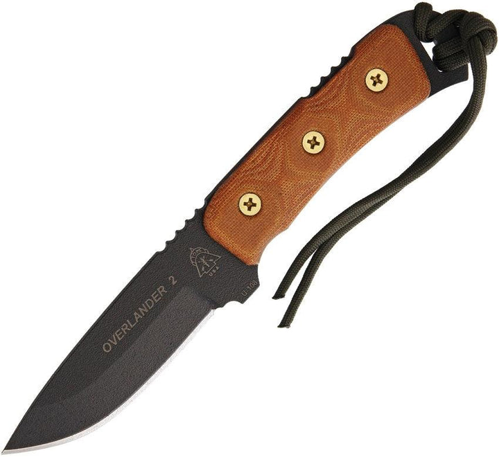 TOPS Knives Overlander 2 Tan Canvas Micarta Black Traction Coating 1095HC - Knives.mx
