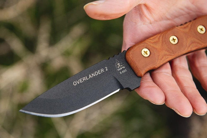 TOPS Knives Overlander 2 Tan Canvas Micarta Black Traction Coating 1095HC - Knives.mx