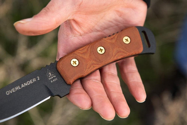 TOPS Knives Overlander 2 Tan Canvas Micarta Black Traction Coating 1095HC - Knives.mx