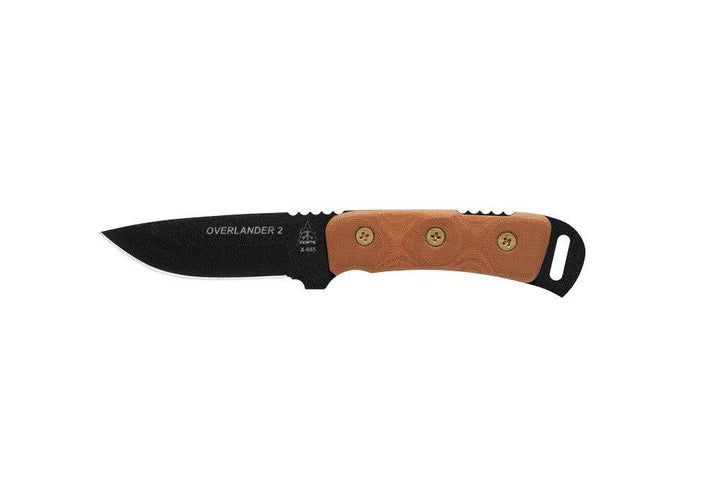 TOPS Knives Overlander 2 Tan Canvas Micarta Black Traction Coating 1095HC - Knives.mx