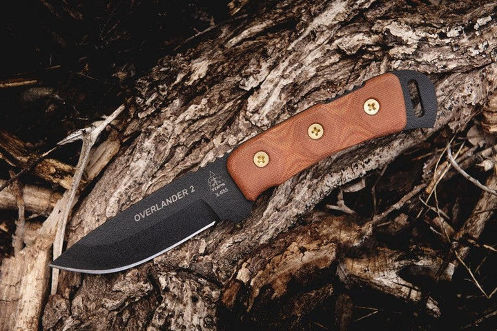 TOPS Knives Overlander 2 Tan Canvas Micarta Black Traction Coating 1095HC - Knives.mx