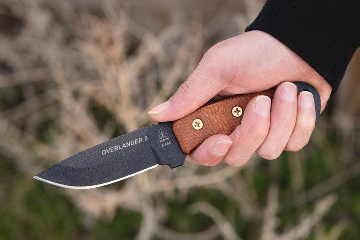 TOPS Knives Overlander 2 Tan Canvas Micarta Black Traction Coating 1095HC - Knives.mx