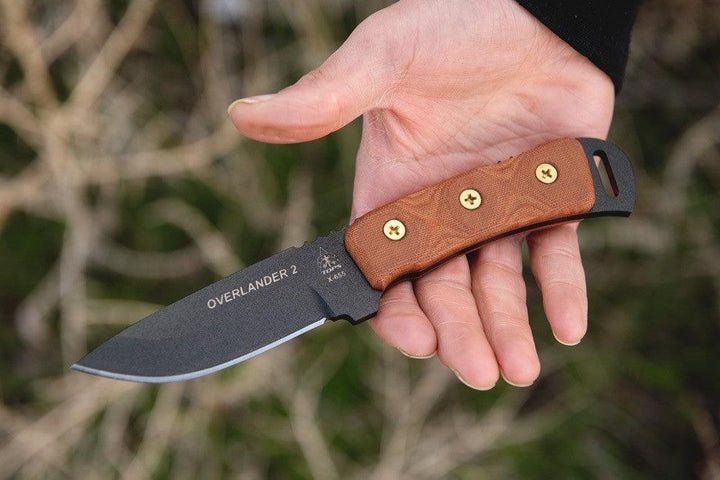 TOPS Knives Overlander 2 Tan Canvas Micarta Black Traction Coating 1095HC - Knives.mx