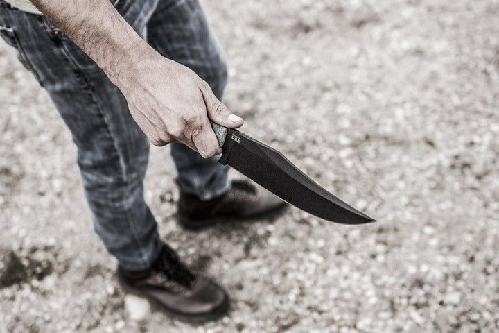 TOPS Knives Prather War Bowie Black Linen Micarta Rocky M Tread Black Coating 1095HC - Knives.mx