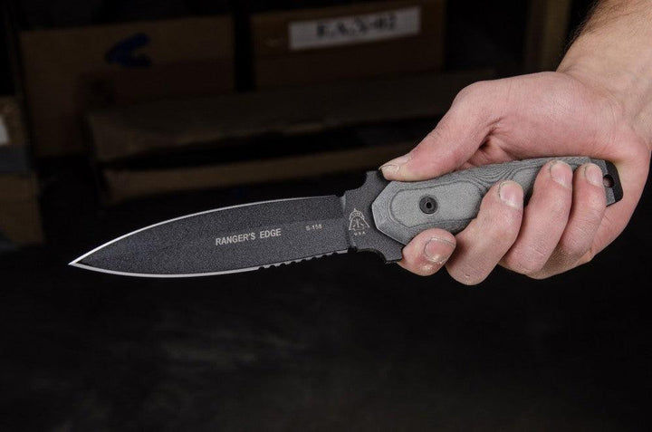 TOPS Knives Rangers Edge Black Linen Micarta Black Traction Coating 1095HC - Knives.mx
