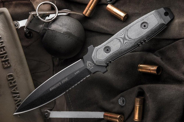 TOPS Knives Rangers Edge Black Linen Micarta Black Traction Coating 1095HC - Knives.mx
