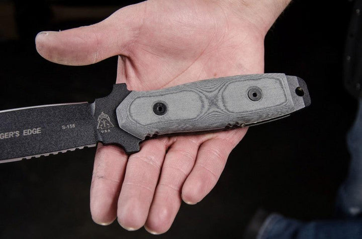 TOPS Knives Rangers Edge Black Linen Micarta Black Traction Coating 1095HC - Knives.mx