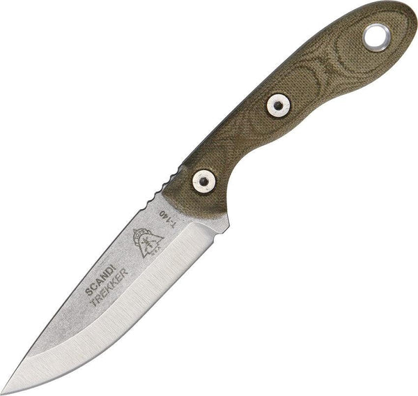 TOPS Knives Scandi Trekker Green Canvas Micarta Tumble 1095HC - Knives.mx