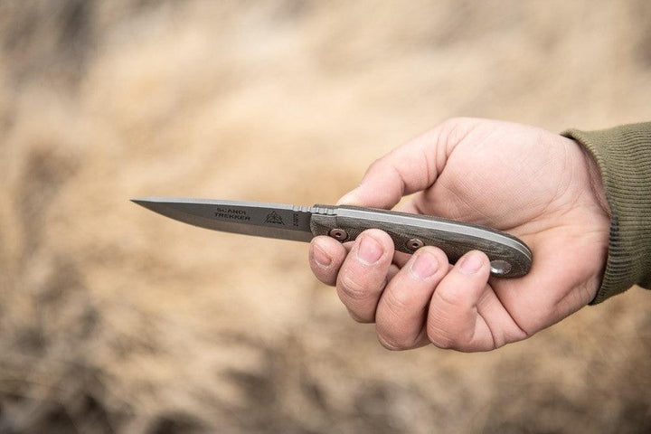 TOPS Knives Scandi Trekker Green Canvas Micarta Tumble 1095HC - Knives.mx