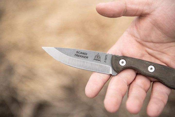 TOPS Knives Scandi Trekker Green Canvas Micarta Tumble 1095HC - Knives.mx