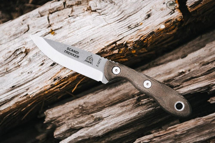 TOPS Knives Scandi Trekker Green Canvas Micarta Tumble 1095HC - Knives.mx