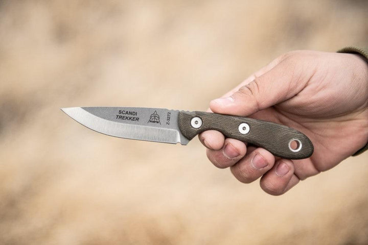 TOPS Knives Scandi Trekker Green Canvas Micarta Tumble 1095HC - Knives.mx