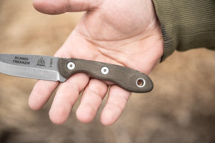 TOPS Knives Scandi Trekker Green Canvas Micarta Tumble 1095HC - Knives.mx