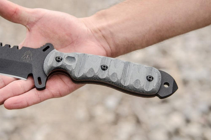 TOPS Knives Skullcrushers Xtreme Blade Black Linen Micarta Rocky M Coating 1095HC - Knives.mx