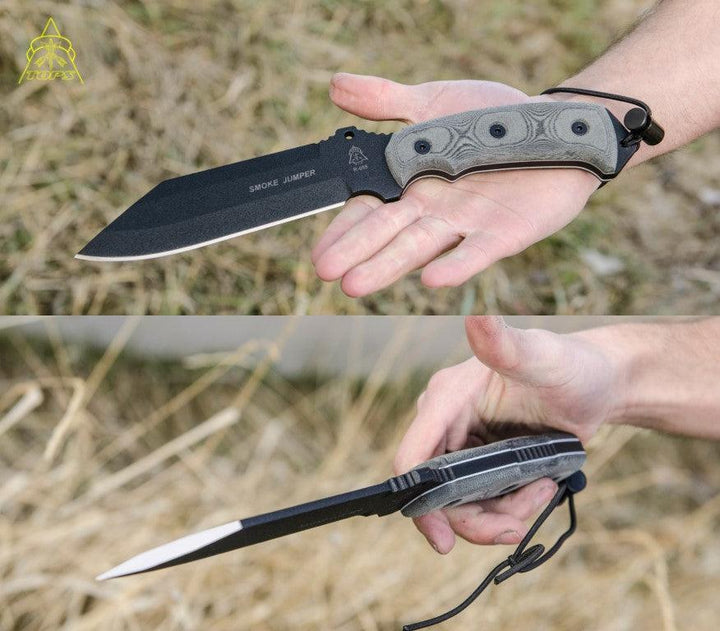 TOPS Knives Smoke Jumper Black Linen Micarta Traction Coating 1095HC - Knives.mx