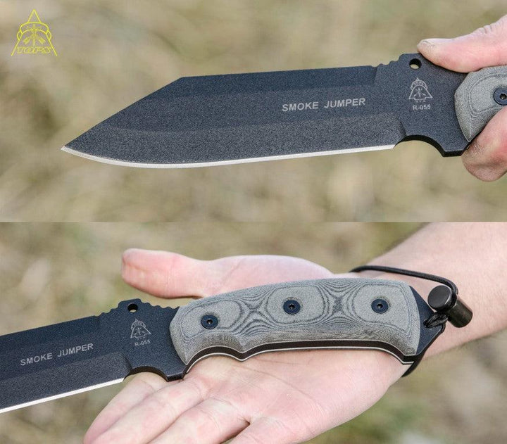 TOPS Knives Smoke Jumper Black Linen Micarta Traction Coating 1095HC - Knives.mx