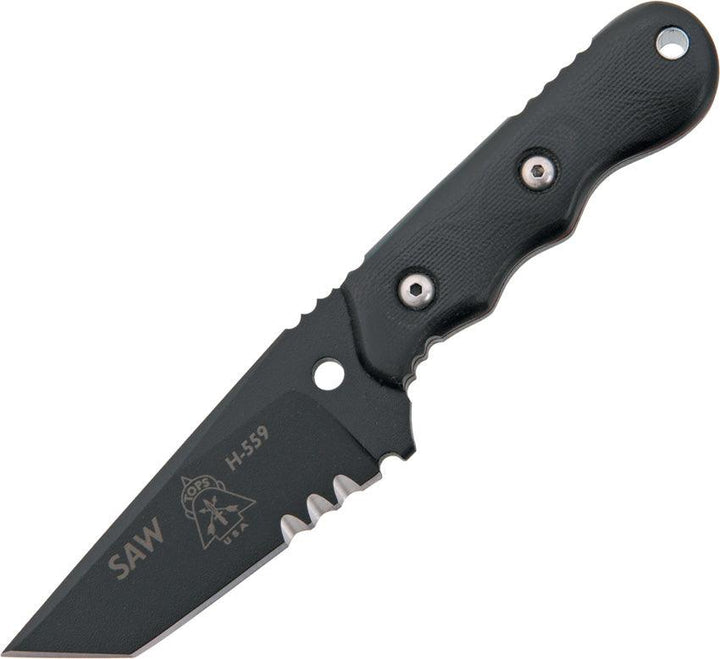 TOPS Knives Special Assault Weapon Tanto Serrated Black Traction Coated 1095HC - Knives.mx