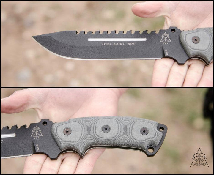 TOPS Knives Steel Eagle 107C Black Linen Micarta Black Traction Coating 1095HC - Knives.mx