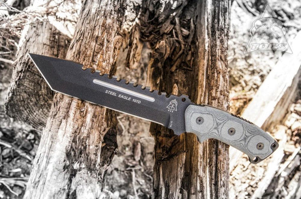 TOPS Knives Steel Eagle 107D Black Linen Micarta Traction Coating Tanto 1095HC - Knives.mx