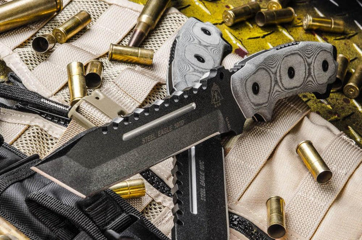 TOPS Knives Steel Eagle 107D Black Linen Micarta Traction Coating Tanto 1095HC - Knives.mx