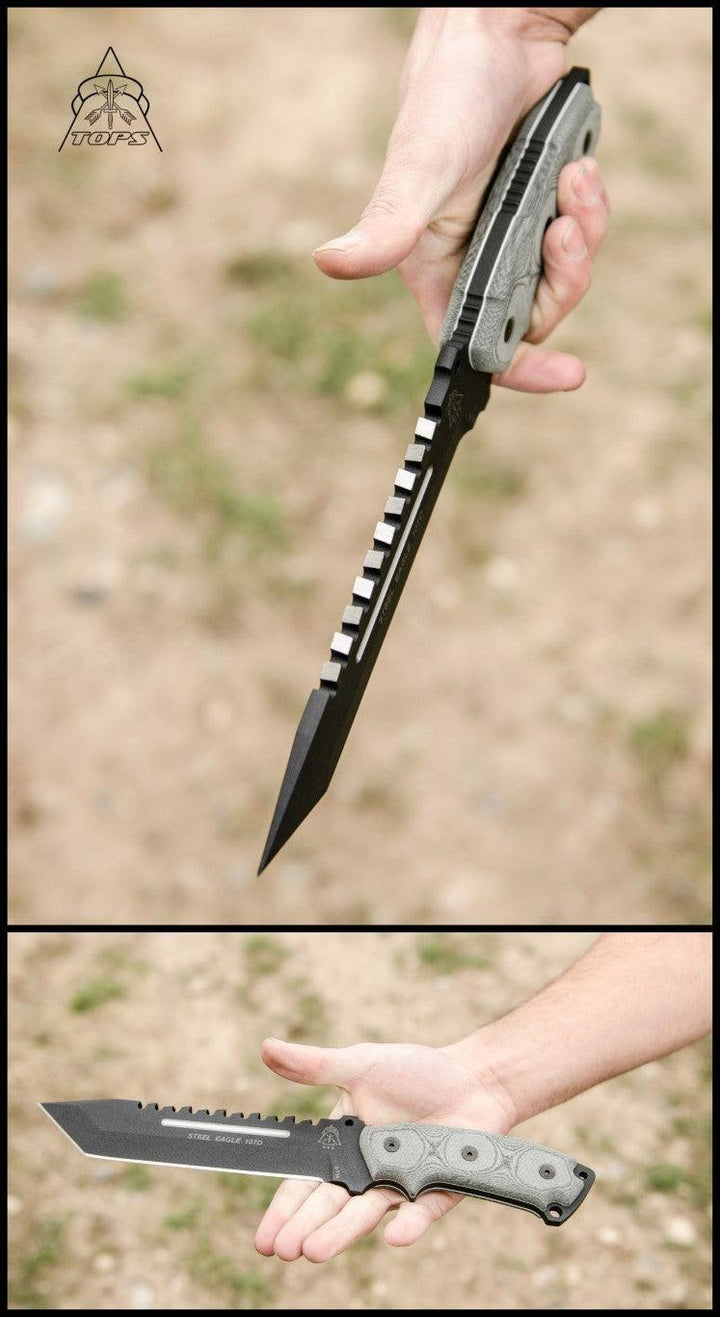 TOPS Knives Steel Eagle 107D Black Linen Micarta Traction Coating Tanto 1095HC - Knives.mx