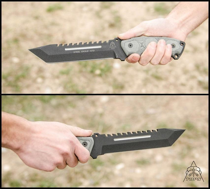 TOPS Knives Steel Eagle 107D Black Linen Micarta Traction Coating Tanto 1095HC - Knives.mx