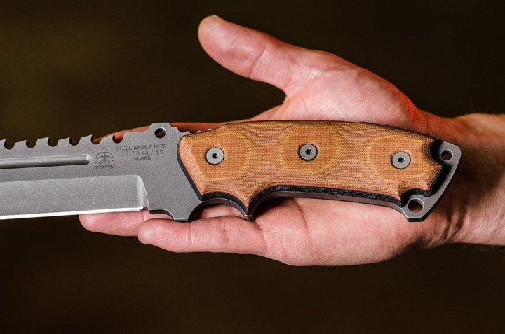TOPS Knives Steel Eagle Delta Class Tan/Black Canvas Micarta Acid Rain Tanto 1095HC - Knives.mx