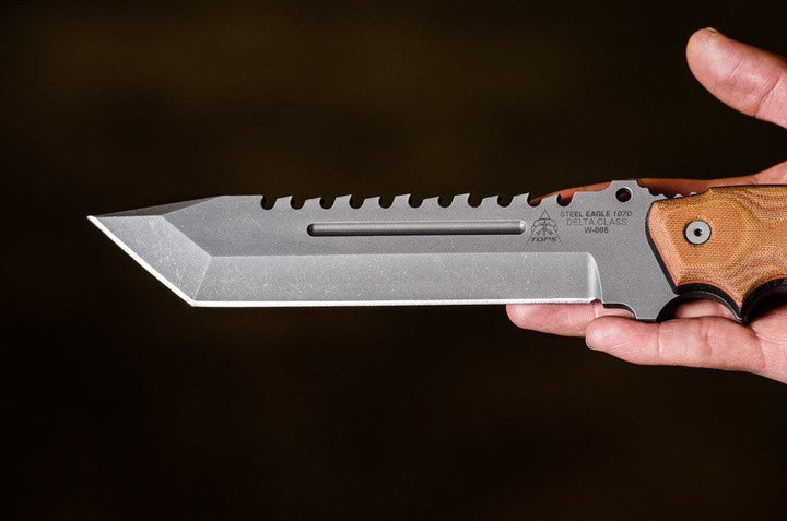 TOPS Knives Steel Eagle Delta Class Tan/Black Canvas Micarta Acid Rain Tanto 1095HC - Knives.mx