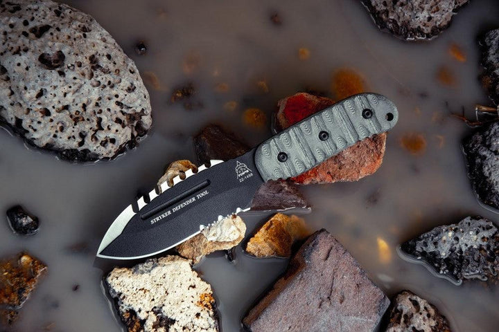 TOPS Knives Stryker Defender Tool Black Linen Micarta Traction Coating 1095HC - Knives.mx